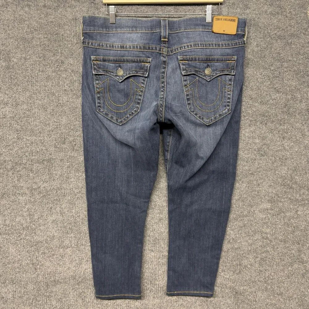 True Religion Ricky W/Flap Jeans Mens 38x26 Blue Relaxed Straight USA Short Hem